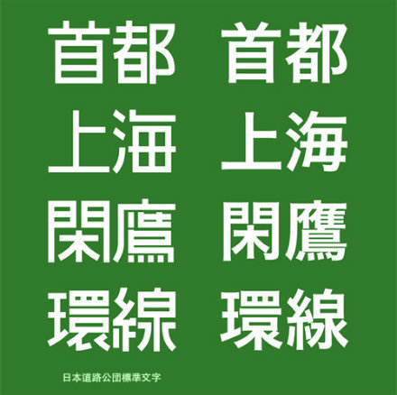 日本高速公路字體之所以長得跟一般文字不一樣,是為了讓駕駛人在時速 100 公里、距離 140 公尺時,在 5~6 秒之內就能清楚辨識(圖片引用自 justfont)